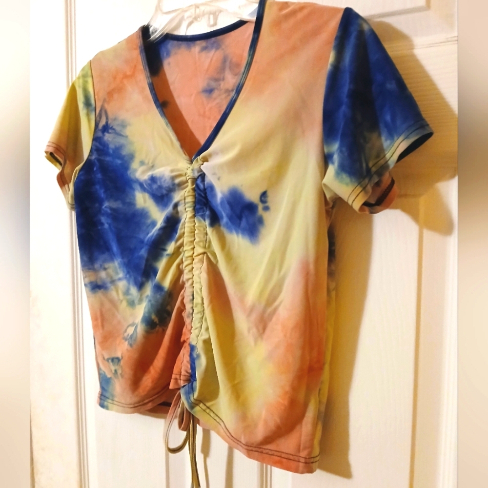 Y2K Inspired Rutched and Tie Dye V Neck T Shirt Blouse